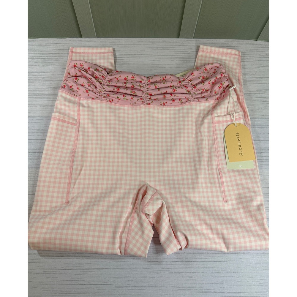 Blogilates Pink Gingham Ruched Waist Leggings Floral High Rise Pockets 2X NEW - Picture 4 of 5